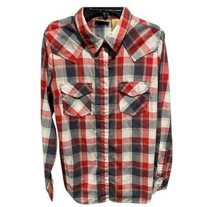Wrangler long sleeve Pearl snap rodeo shirt Red white Plaid Size Small Western